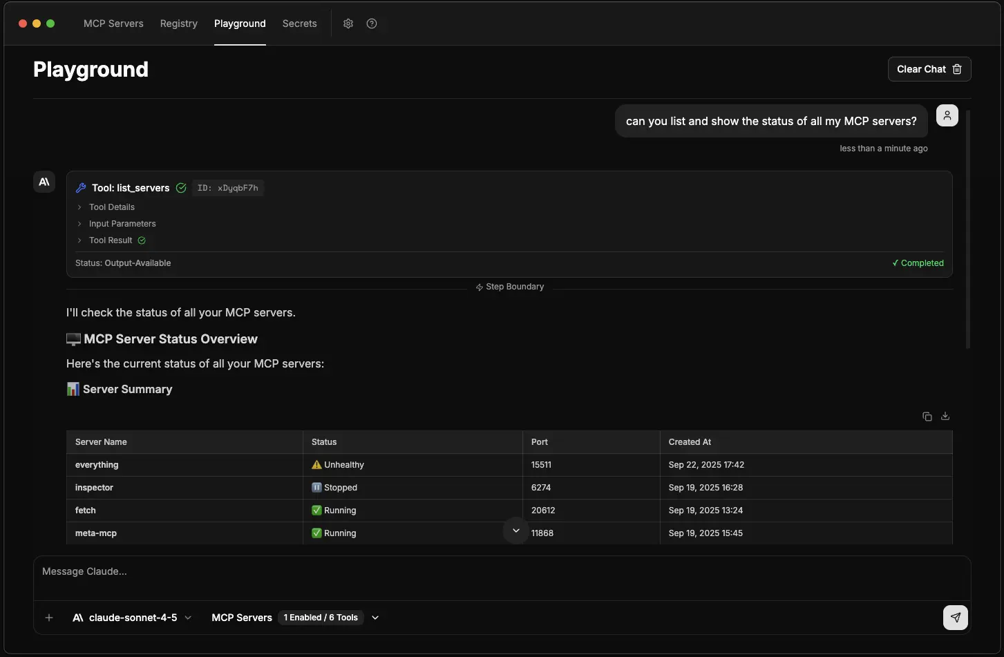 ToolHive playground showing AI response with MCP tool execution results